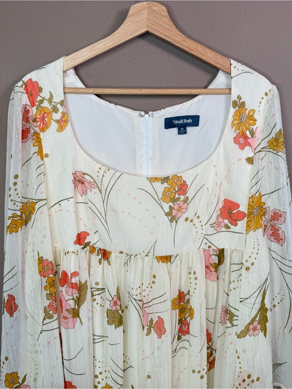 ModCloth Boho Empire Waist Flowy Floral Baby Doll Dress Bell Sleeves Size 12 - Picture 3 of 16